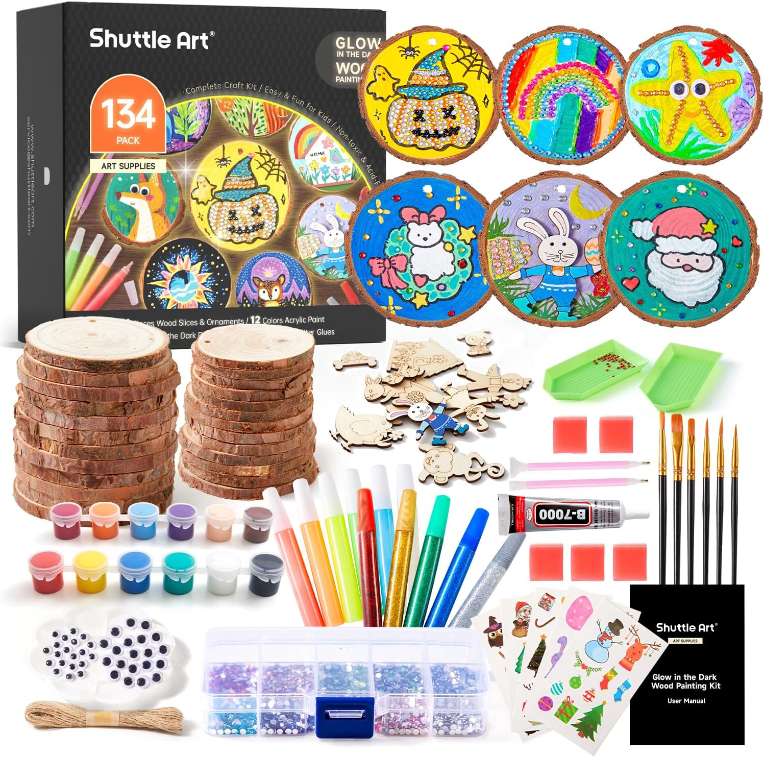 Kids Wood Painting Craft Kit, Glow-in-the-Dark Paint and