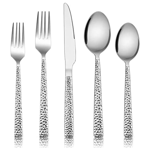 E-far 50-Piece Hammered Silverware Set, Stainless Steel Square