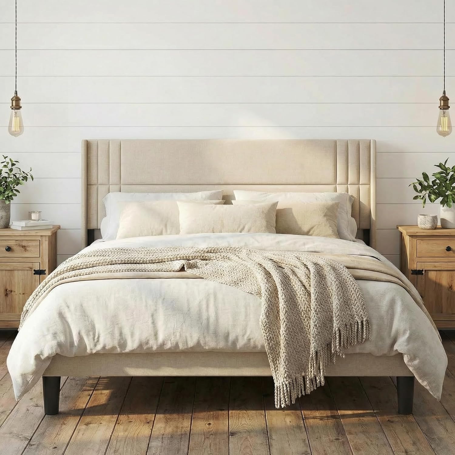 Gizoon King Bed Frame with Wingback Headboard, Upholstered