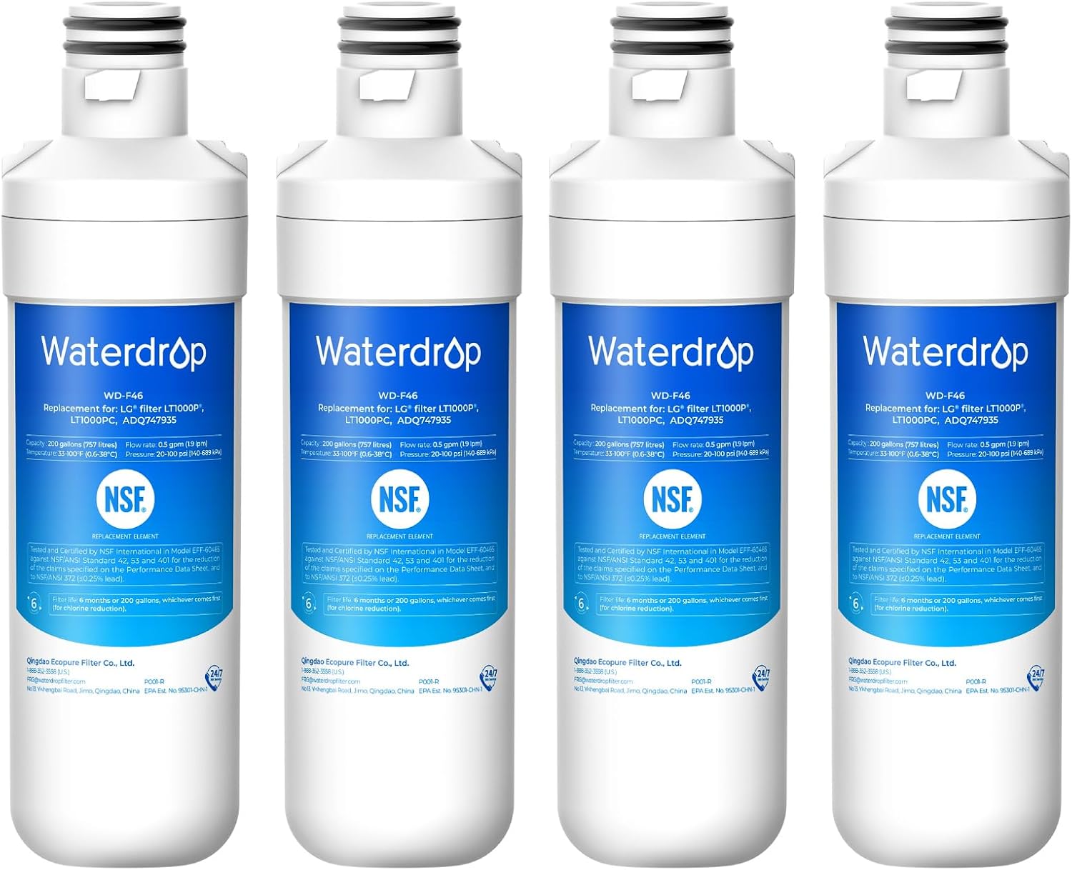 Waterdrop LT1000PC Refrigerator Water Filter, Reduces Chlorine, Bad