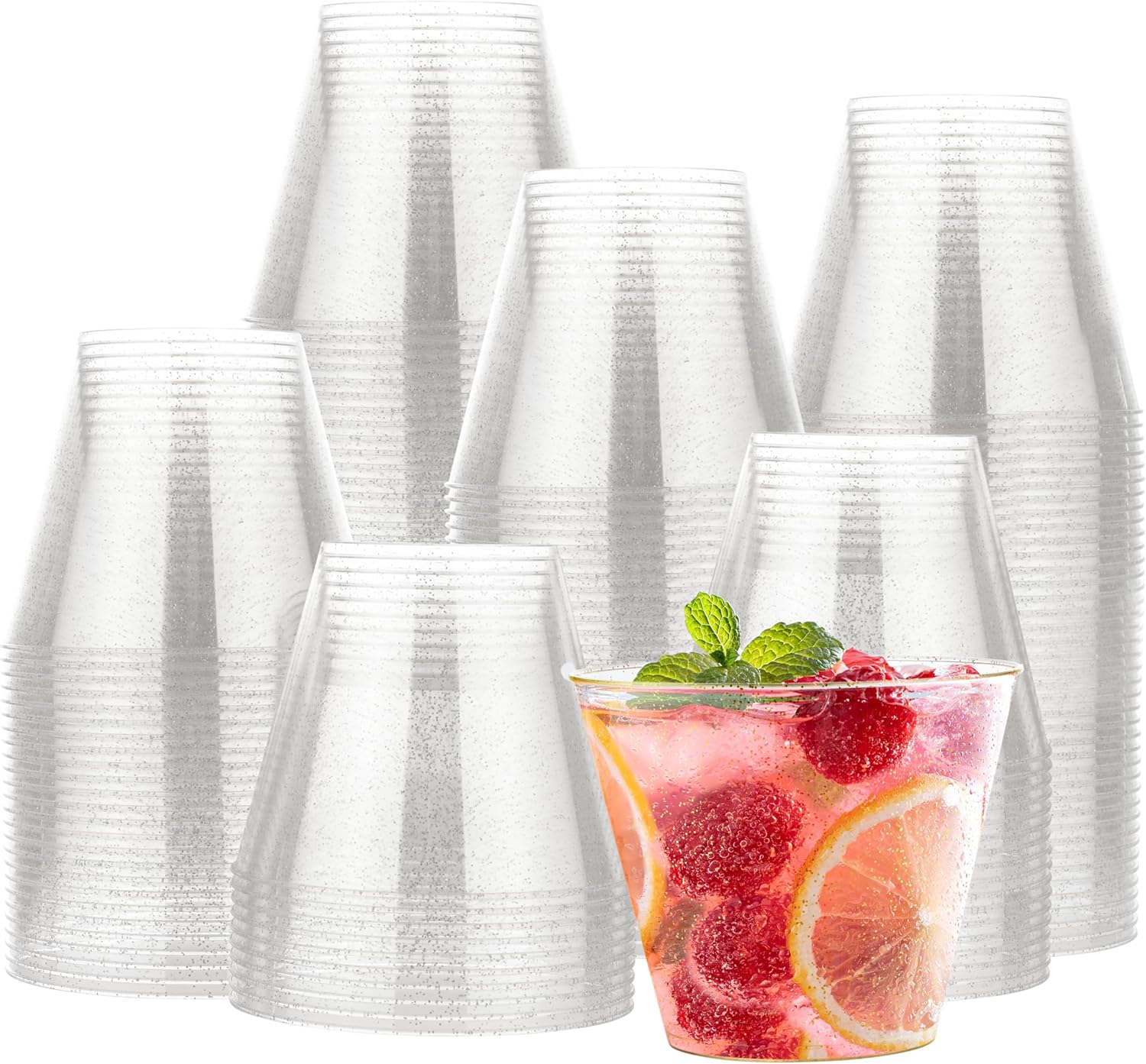 MATANA 120 Silver Plastic Cups, 9oz Glitter Silver