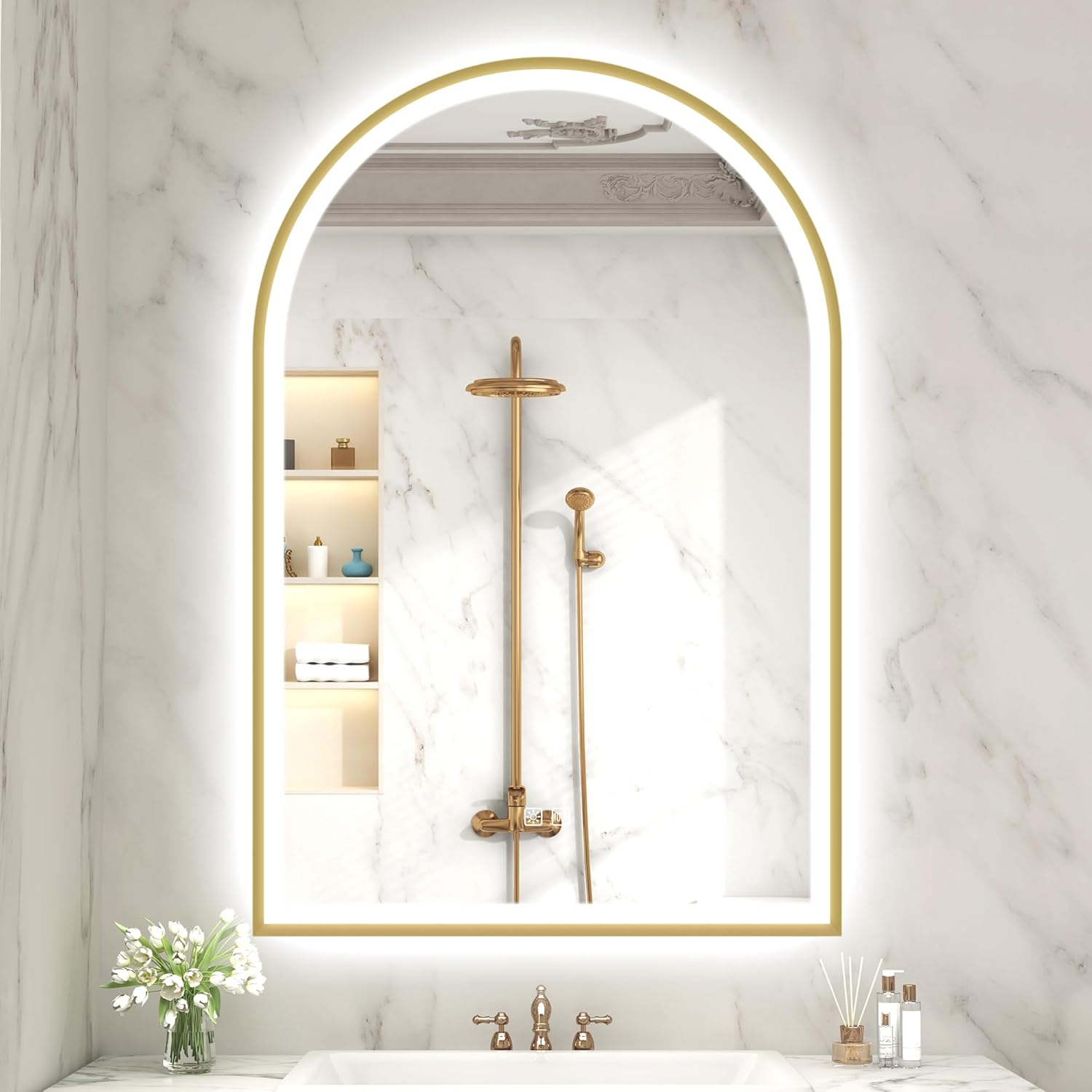 S'bagno 24x36 Arched Gold LED Mirror for Bathroom