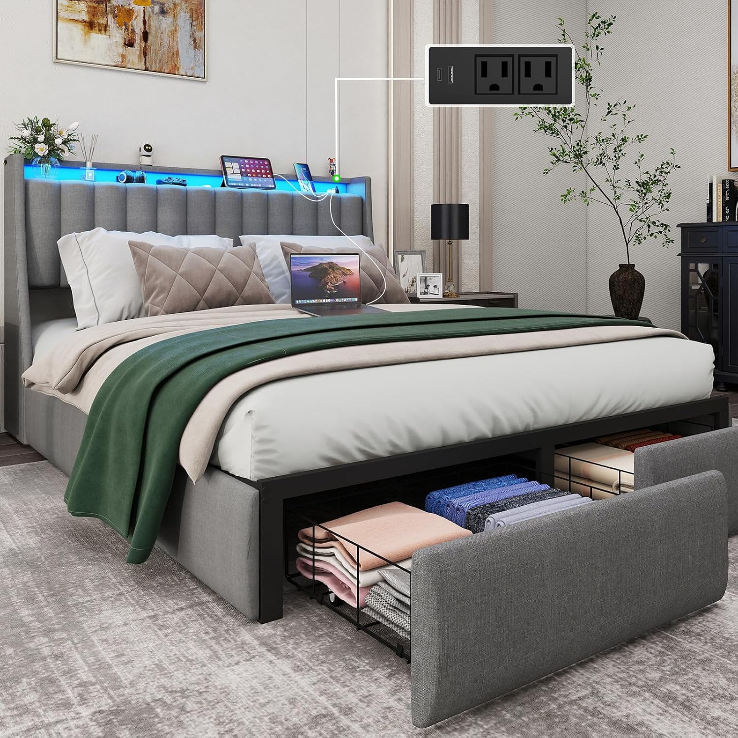 Full Bed Frame with 2 Storage Drawers, Platform