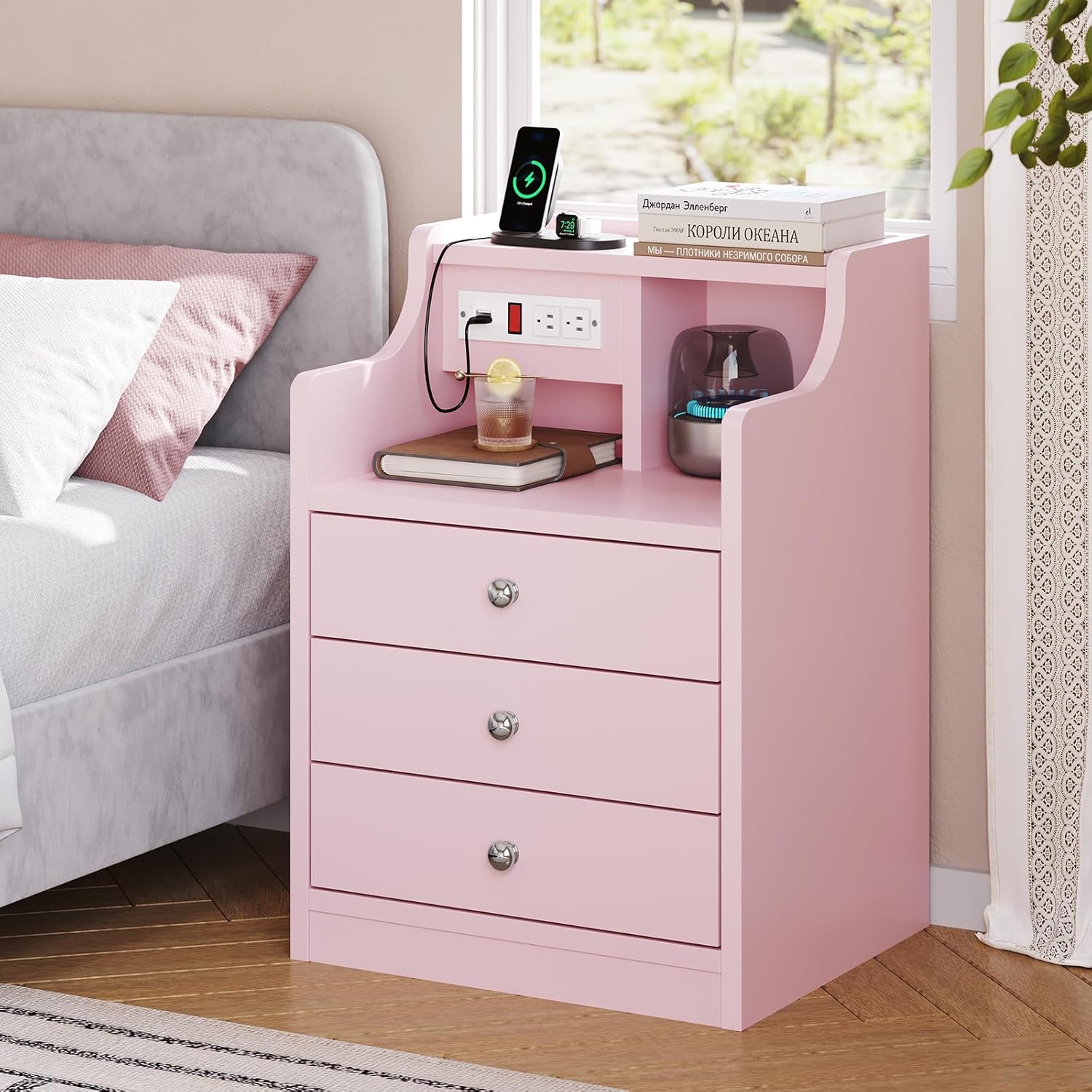 ADORNEVE Nightstand with Charging Station, Pink Night Stand