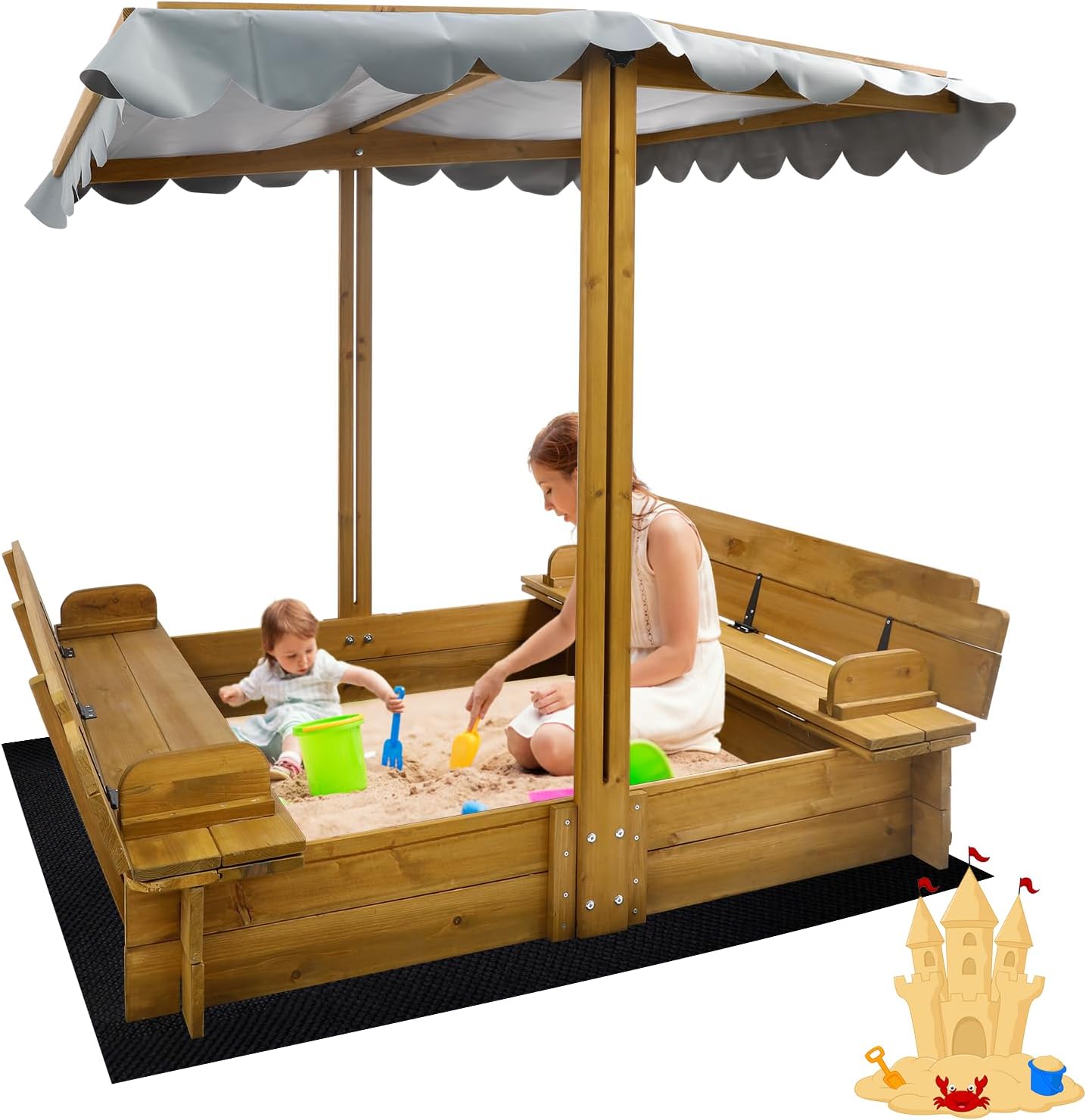 Kids Sandbox with Lid, Wooden Sand Box with