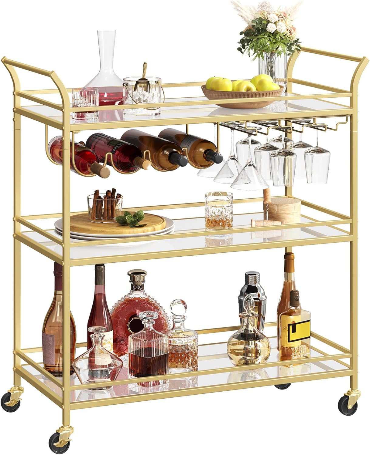 VASAGLE Bar Cart Gold, Large Home Bar Serving