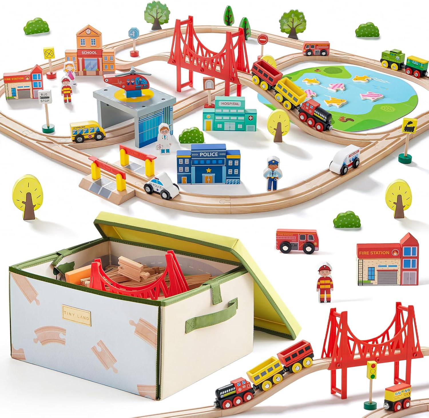 Tiny Land 110-PCS Wooden Train Set with Folding