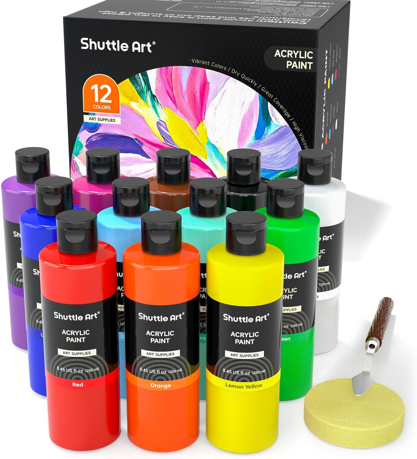 Shuttle Art 12 Colors Acrylic Paint, 250ml/8.45oz Bottles,
