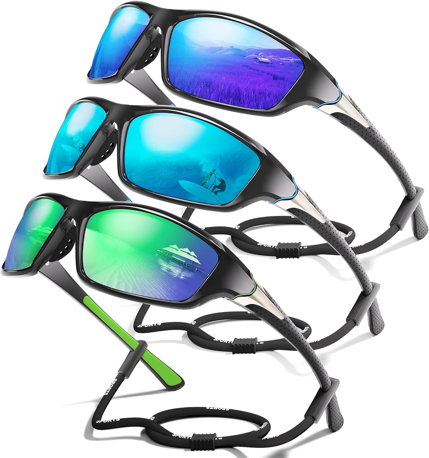 Foliful Polarized Sports Sunglasses for Men, 3-Pack Wrap-Around