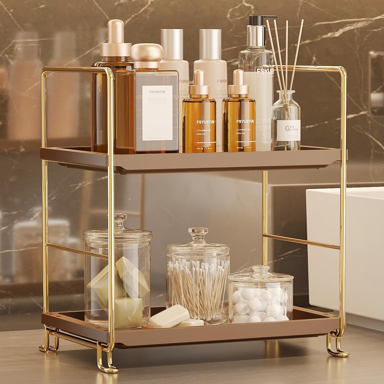 FSyueyun 2-Tier Bathroom Countertop Organizer, Tool-Less Installation, Premium