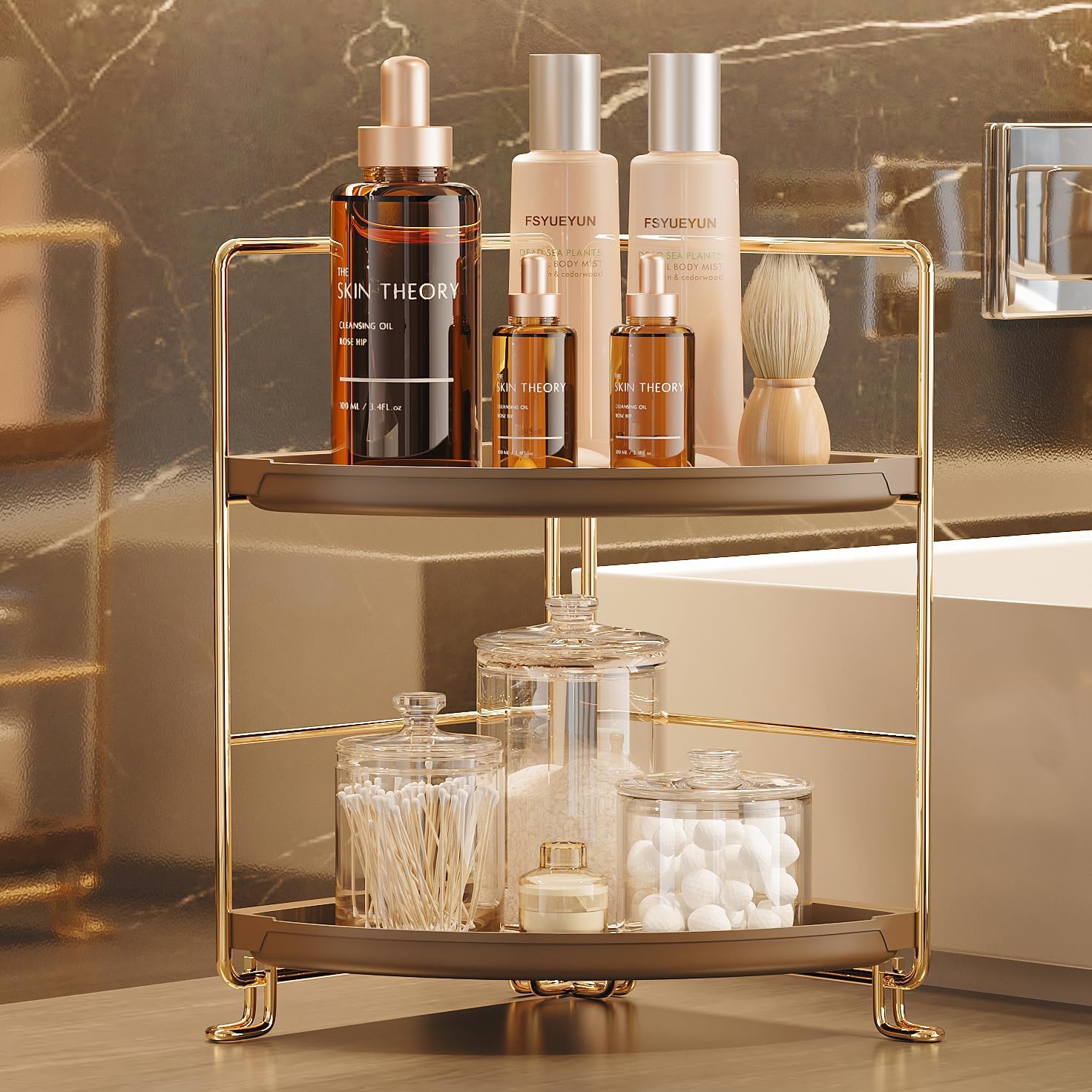 FSyueyun 2-Tier Corner Bathroom Counter Organizer, Tool-Less Installation,