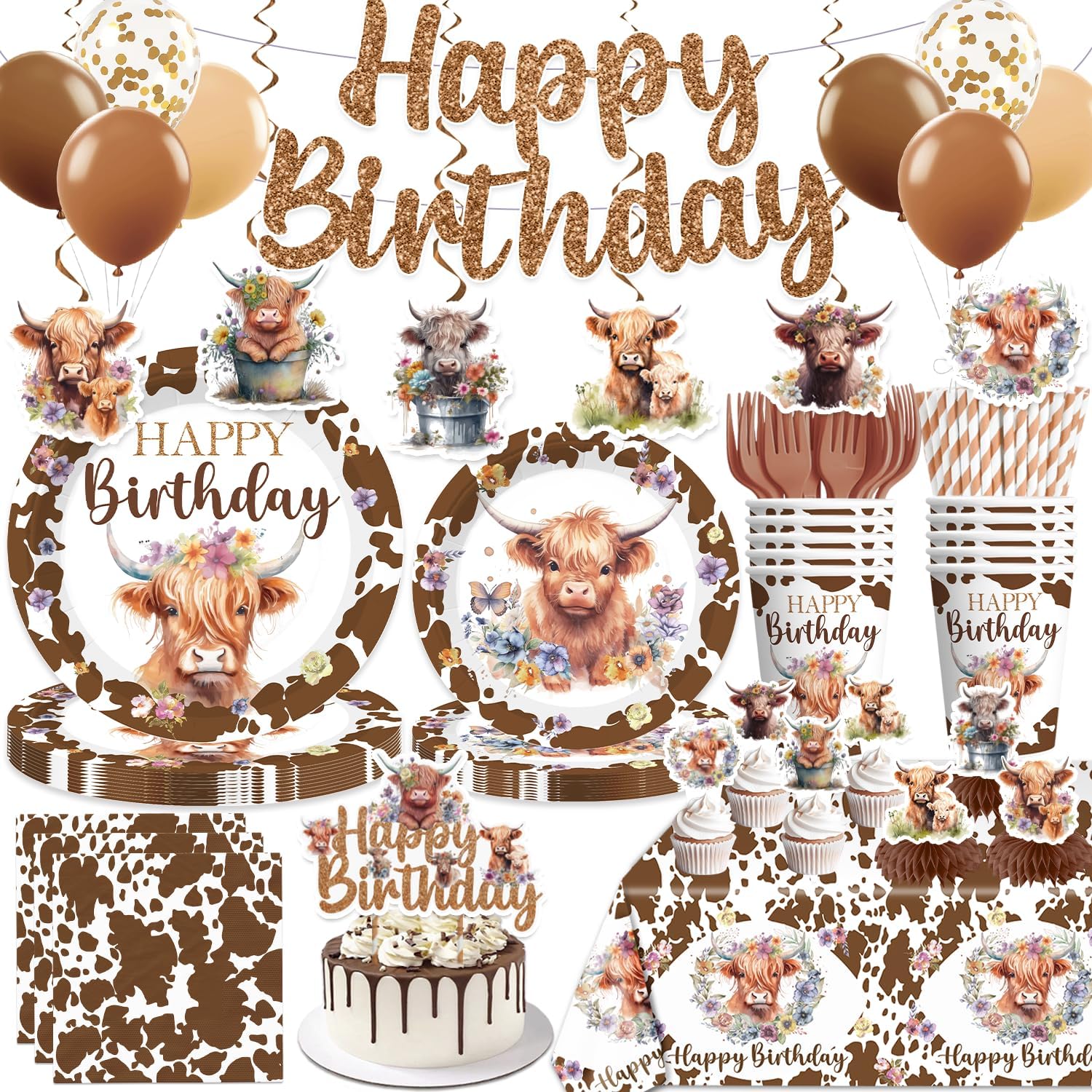 347pcs Brown Cow Birthday Decorations Include Tableware Set,