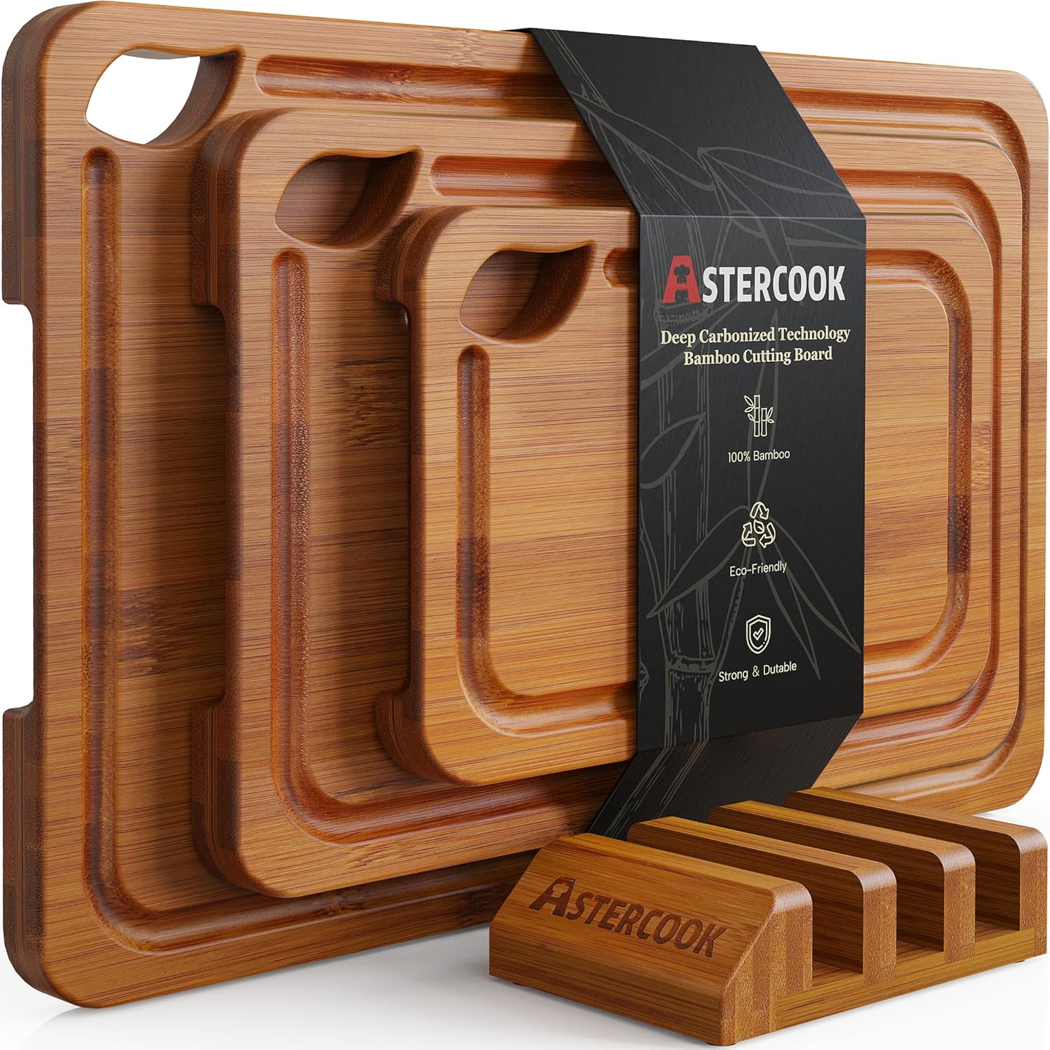 Astercook Deep-Carbonized Bamboo Cutting Boards for Kitchen with
