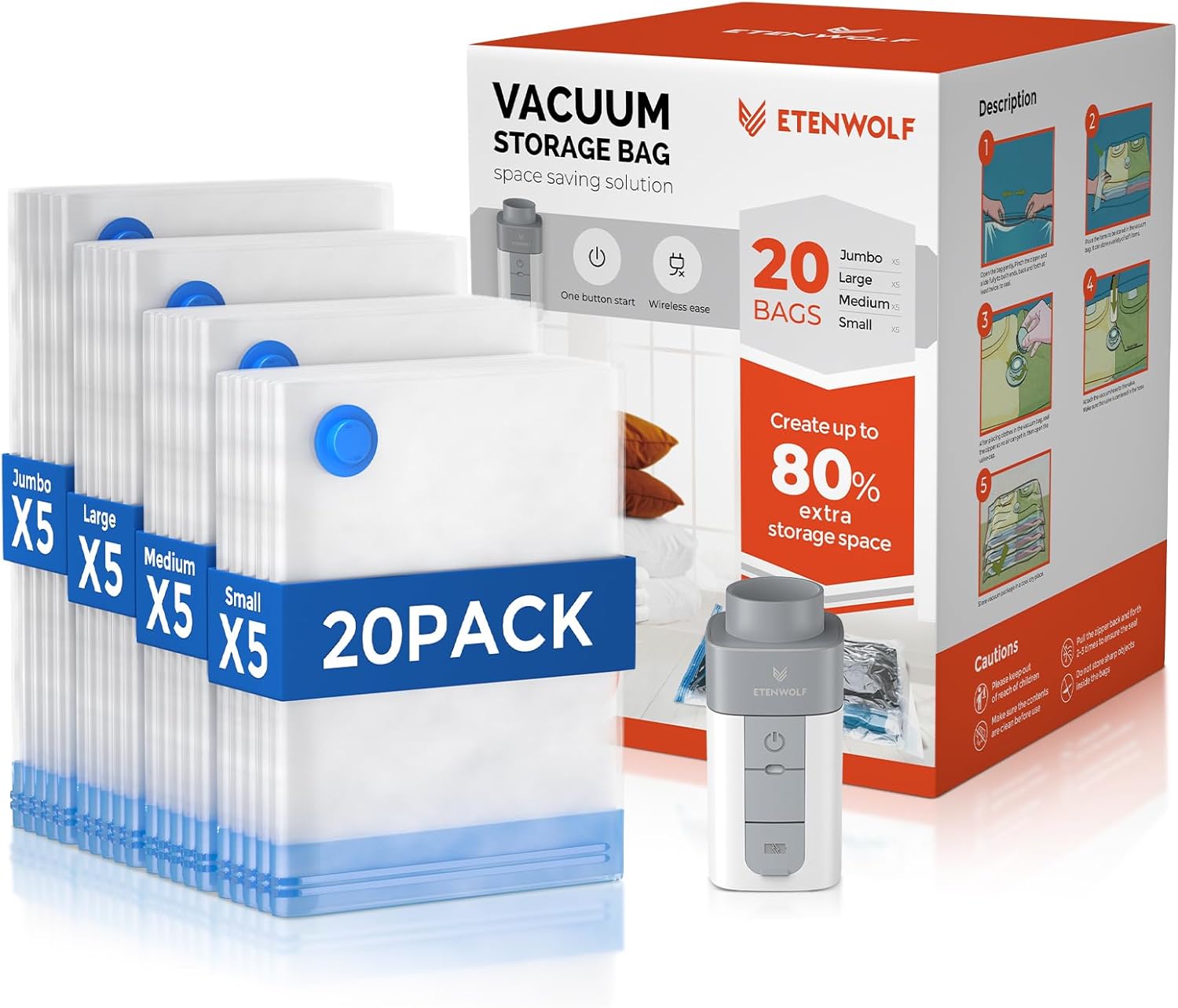 ETENWOLF 20 Pack Vacuum Storage Bags with Rechargeable
