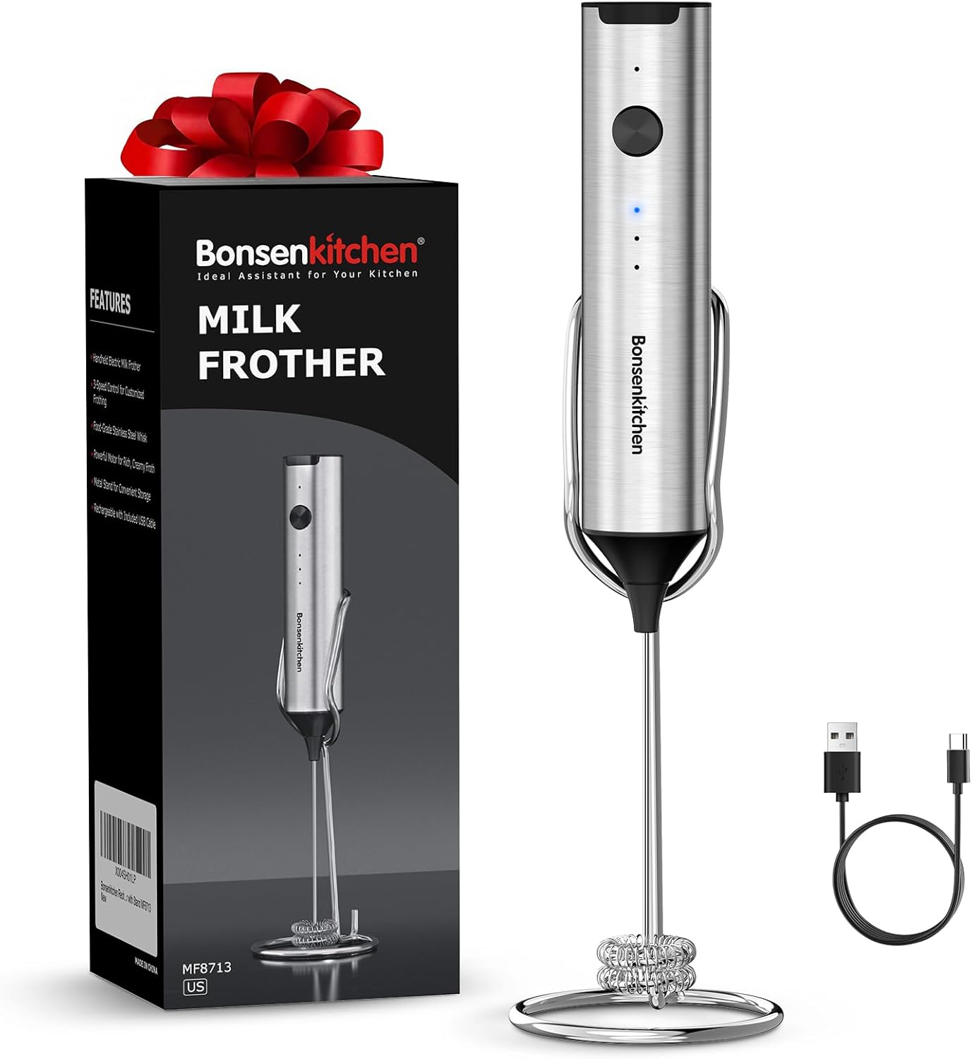 Bonsenkitchen Rechargeable Milk Frother with Stand, 3-Speed Handheld