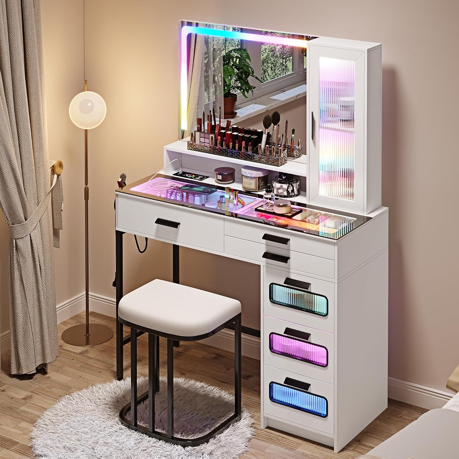 HENBC Vanity with Mirror and LED Lights, Glass
