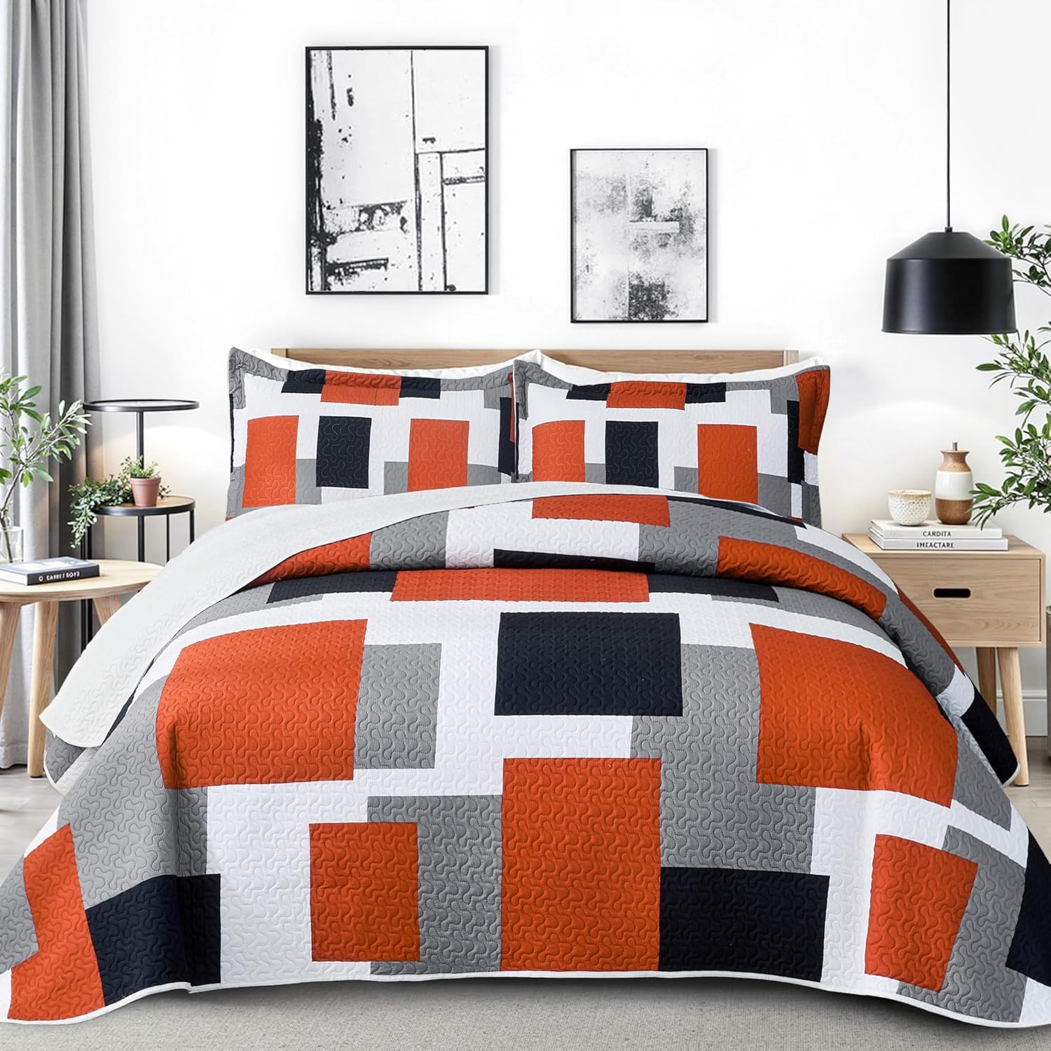 Tyrot 3 Piece Orange Grey Geometric Quilt Set
