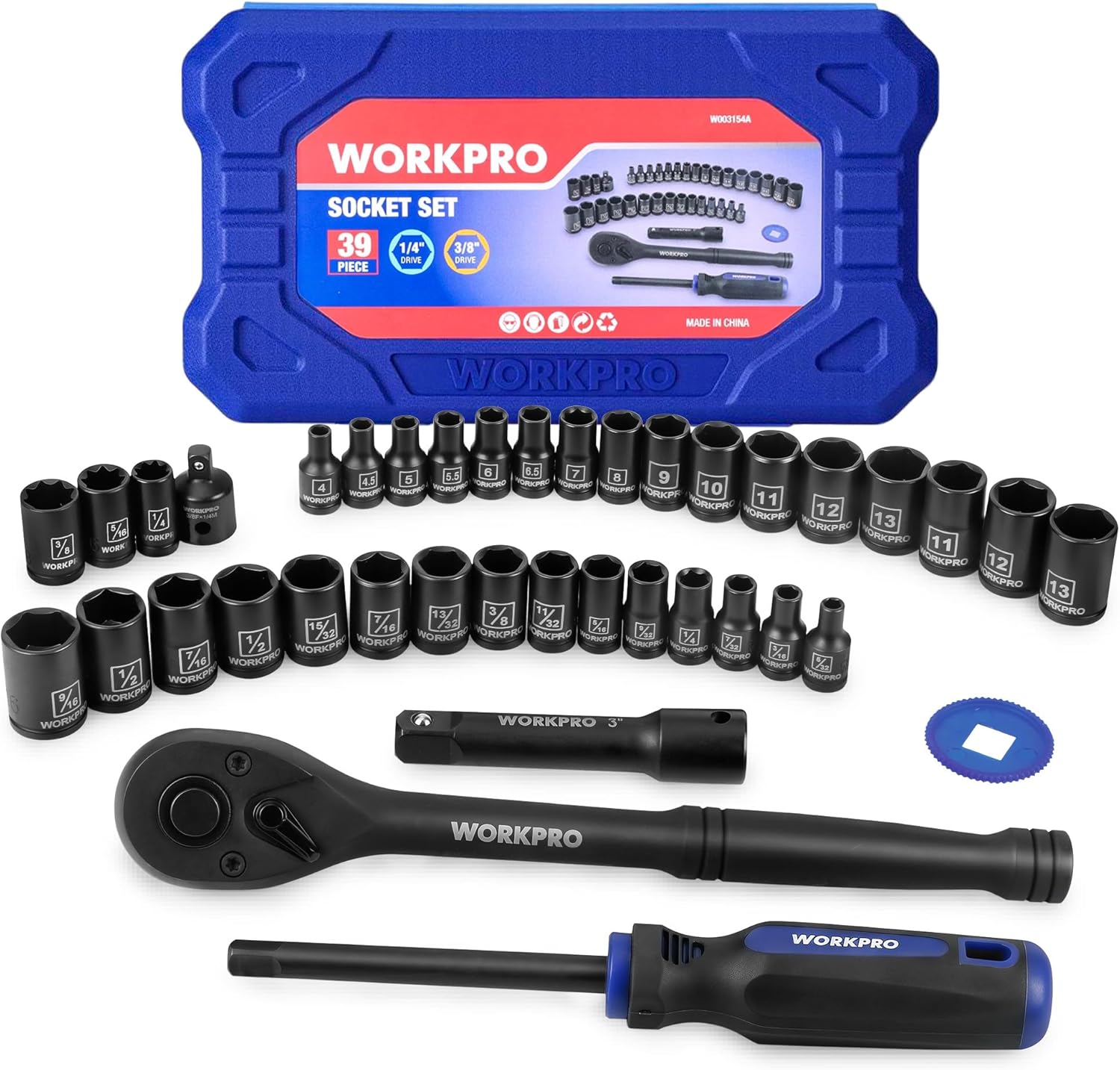 WORKPRO 39-Piece Drive Socket Wrench Set, 1/4 &