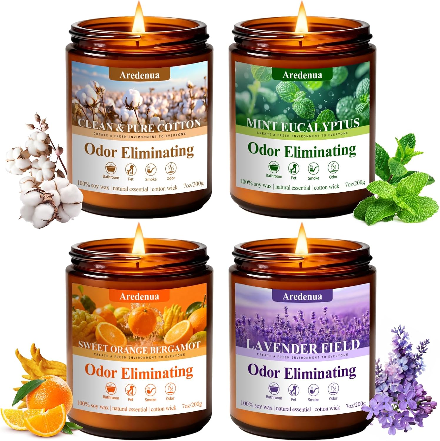4 Pack Odor Eliminating Candles Set - Eliminates