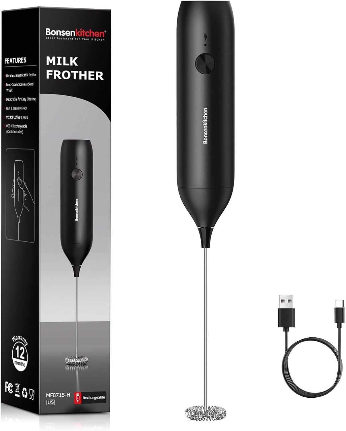 Bonsenkitchen Rechargeable Handheld Milk Frother, Electric Foam Maker
