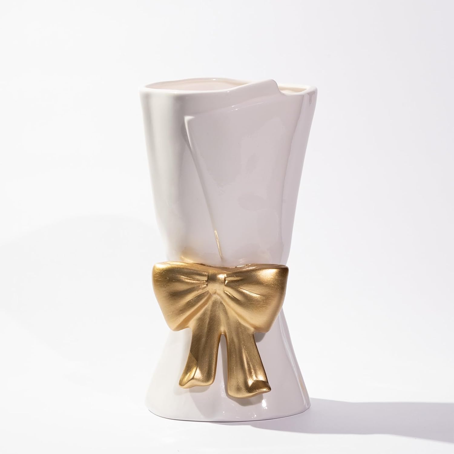 Fully Glazed White Ceramic Gold Bow Vase 9.64