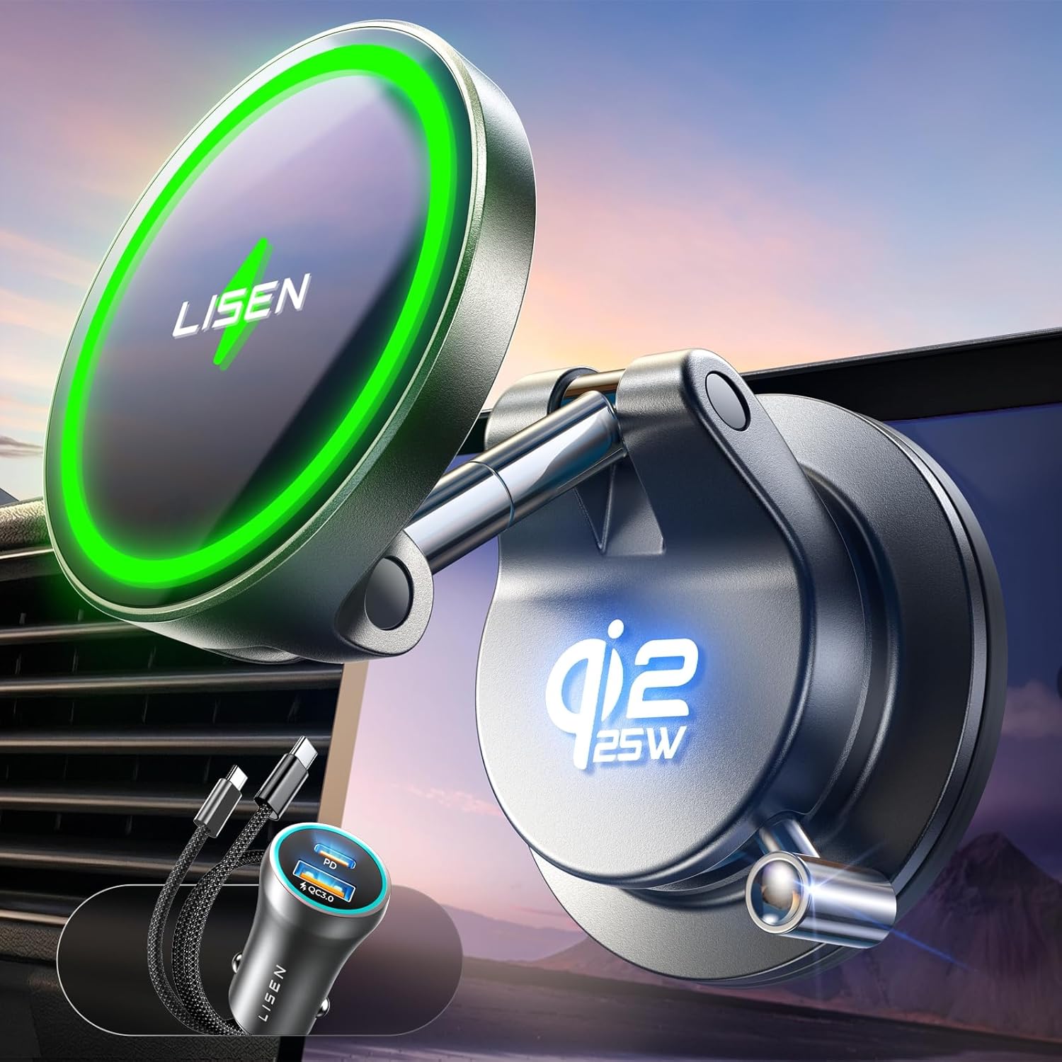 LISEN Qi2.2 25W MagSafe Car Mount Charger with