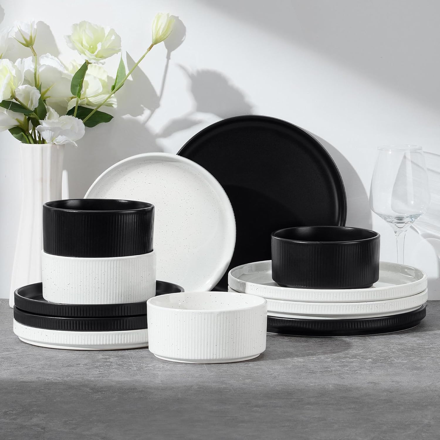 E-far 12-Piece Plates and Bowls Sets, Stoneware Dinnerware