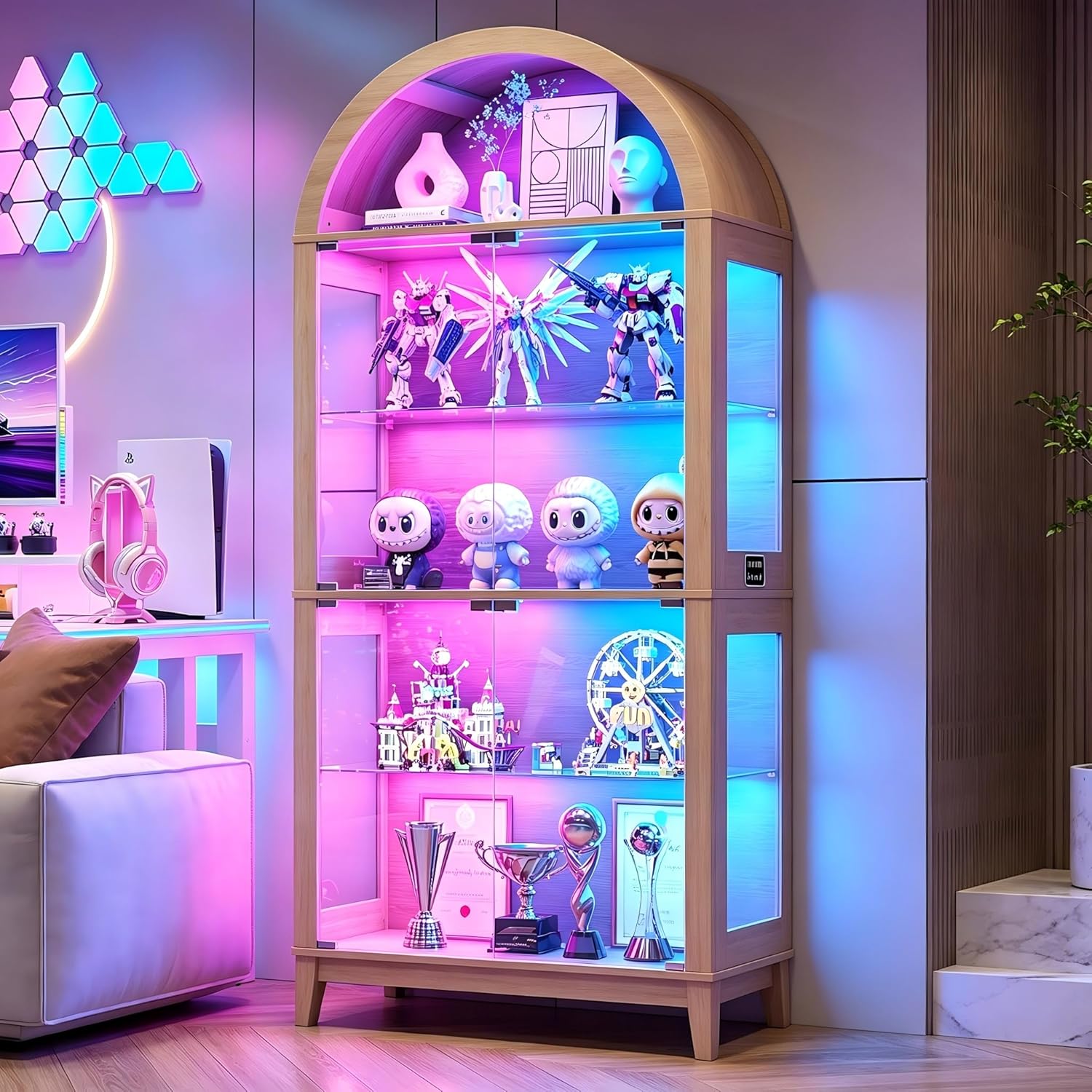 Lvifur Lighted Display Case with Glass Door,5-Tier Arched