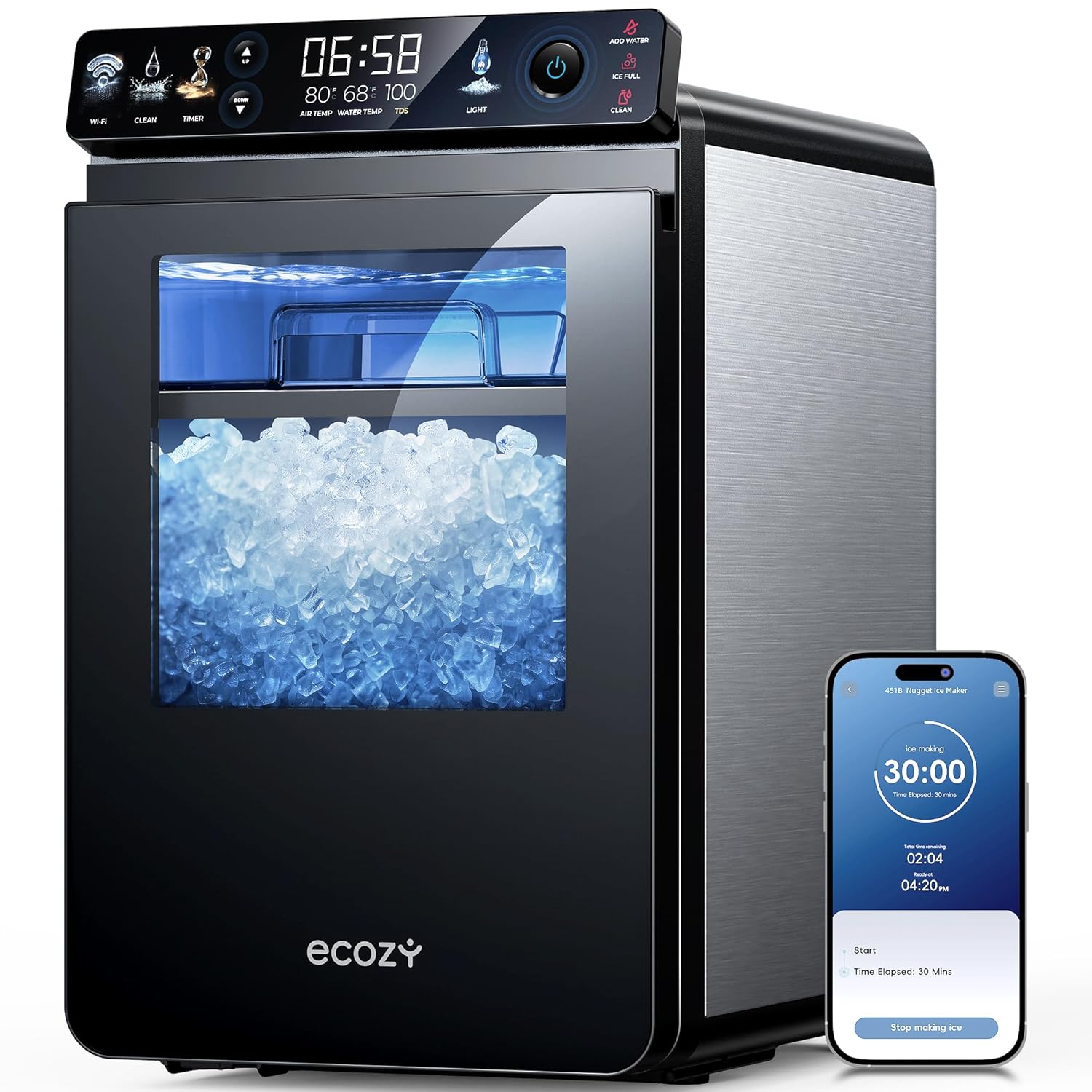 ecozy Nugget Ice Maker Countertop, Full-Color Smart Panel,